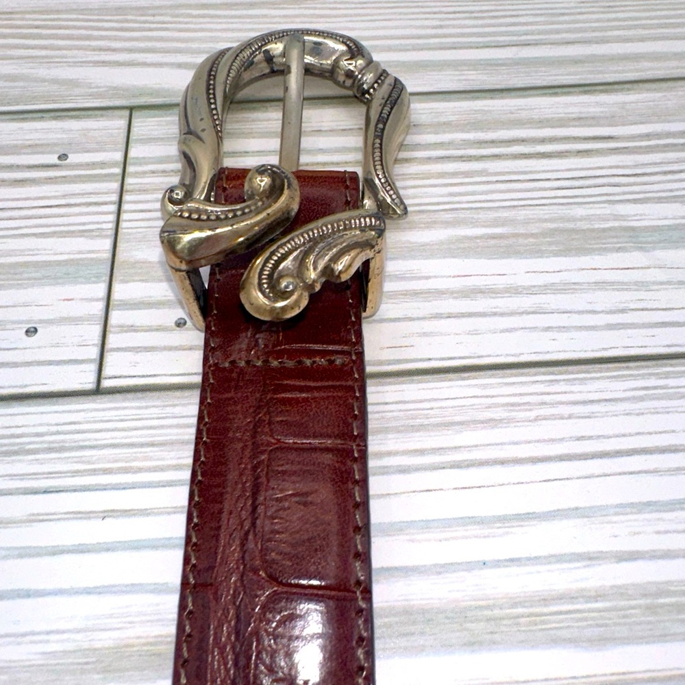Brighton Belt 33.5” Brown Embossed Silver Tone Buckle Western S24507 USA